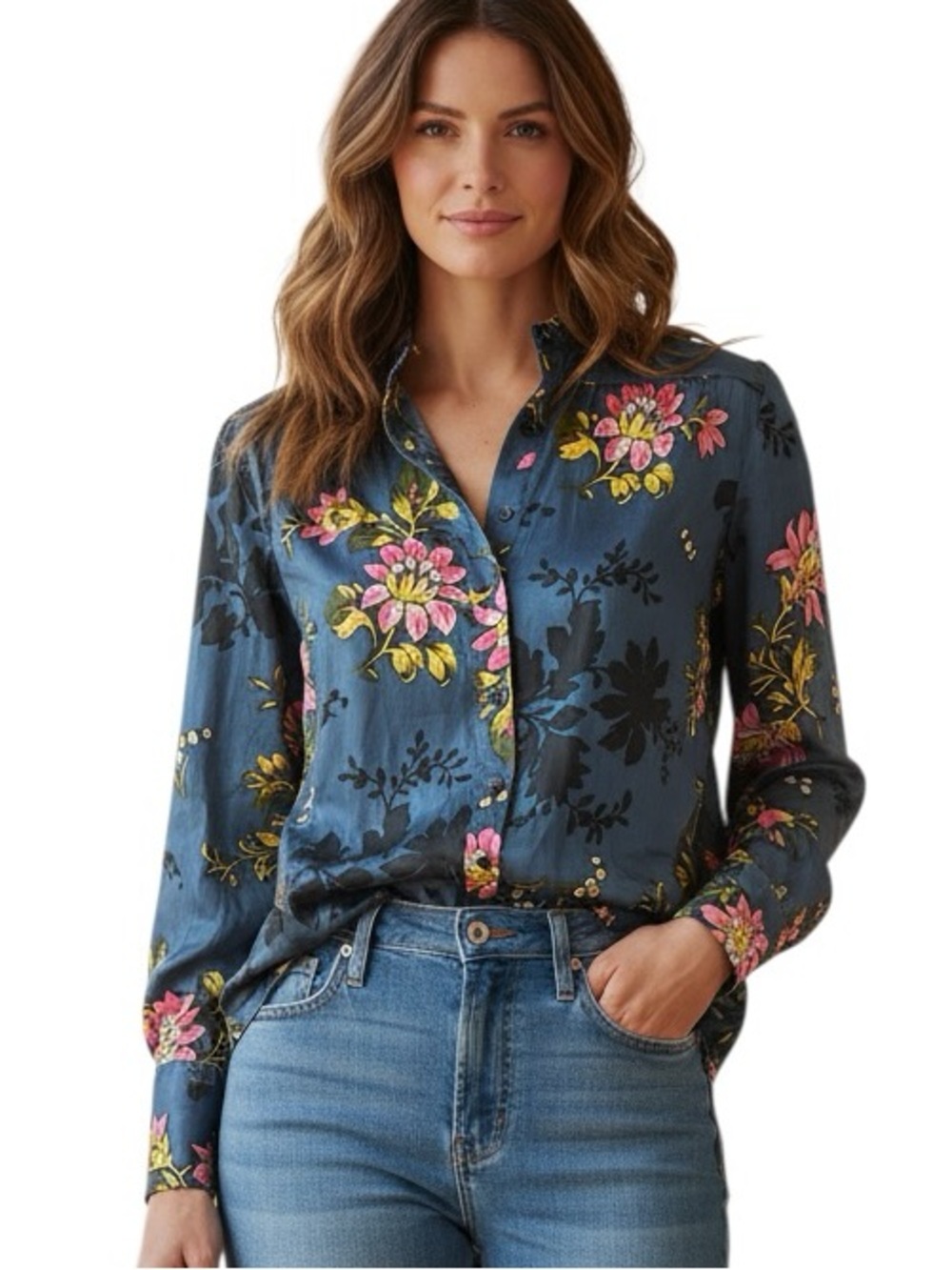 ANN TAYLOR: Satin Floral Button-Up Blouse -Size Medium